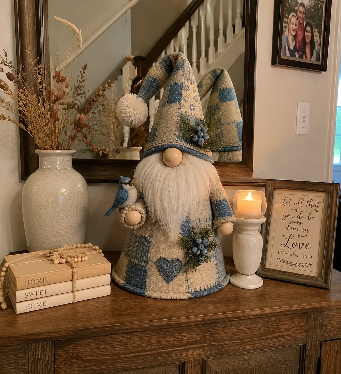 🐦✨ Patchwork Bird Gnome LED Light – Farmhouse Tabletop Decor for Mantels, Shelves & Holiday Display