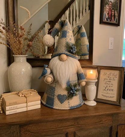 🐦✨ Patchwork Bird Gnome LED Light – Farmhouse Tabletop Decor for Mantels, Shelves & Holiday Display