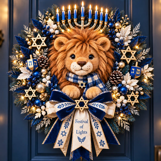 🦁 Lion of Judah Lighted Hanukkah Wreath – A Symbol of Faith, Strength and Light✨