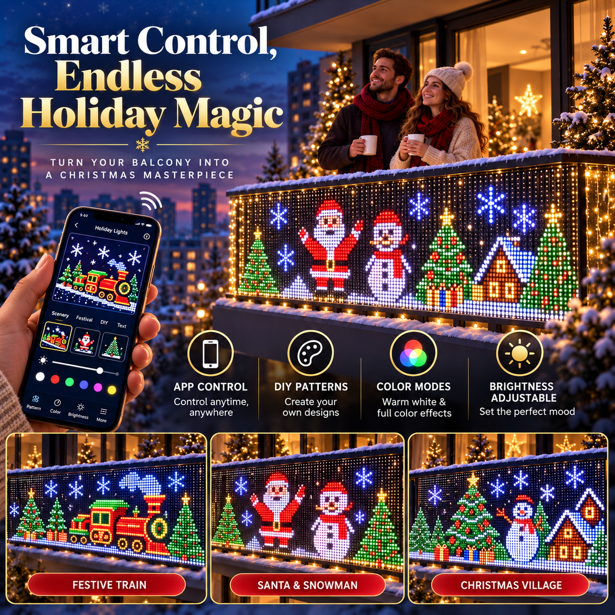 🎄 PixelGlow Curtain™ | App-Controlled RGB Christmas Lights – 2m × 2m ✨