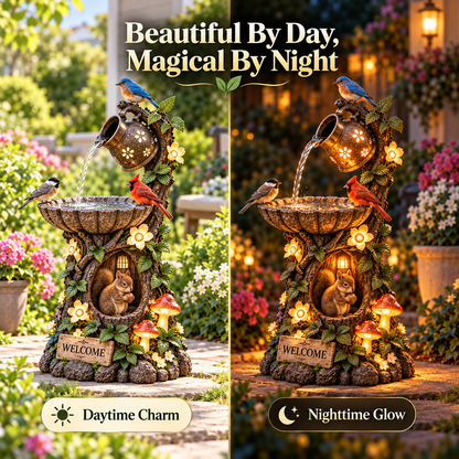 🐦🐿️✨Solar  Woodland Friends Lighted Fountain – Enchanted Garden Decor