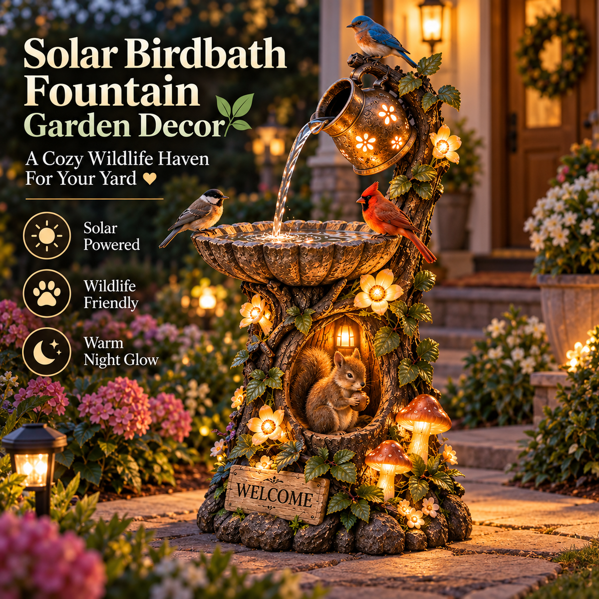 🐦🐿️✨Solar  Woodland Friends Lighted Fountain – Enchanted Garden Decor
