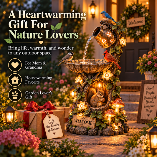 🐦🐿️✨Solar  Woodland Friends Lighted Fountain – Enchanted Garden Decor