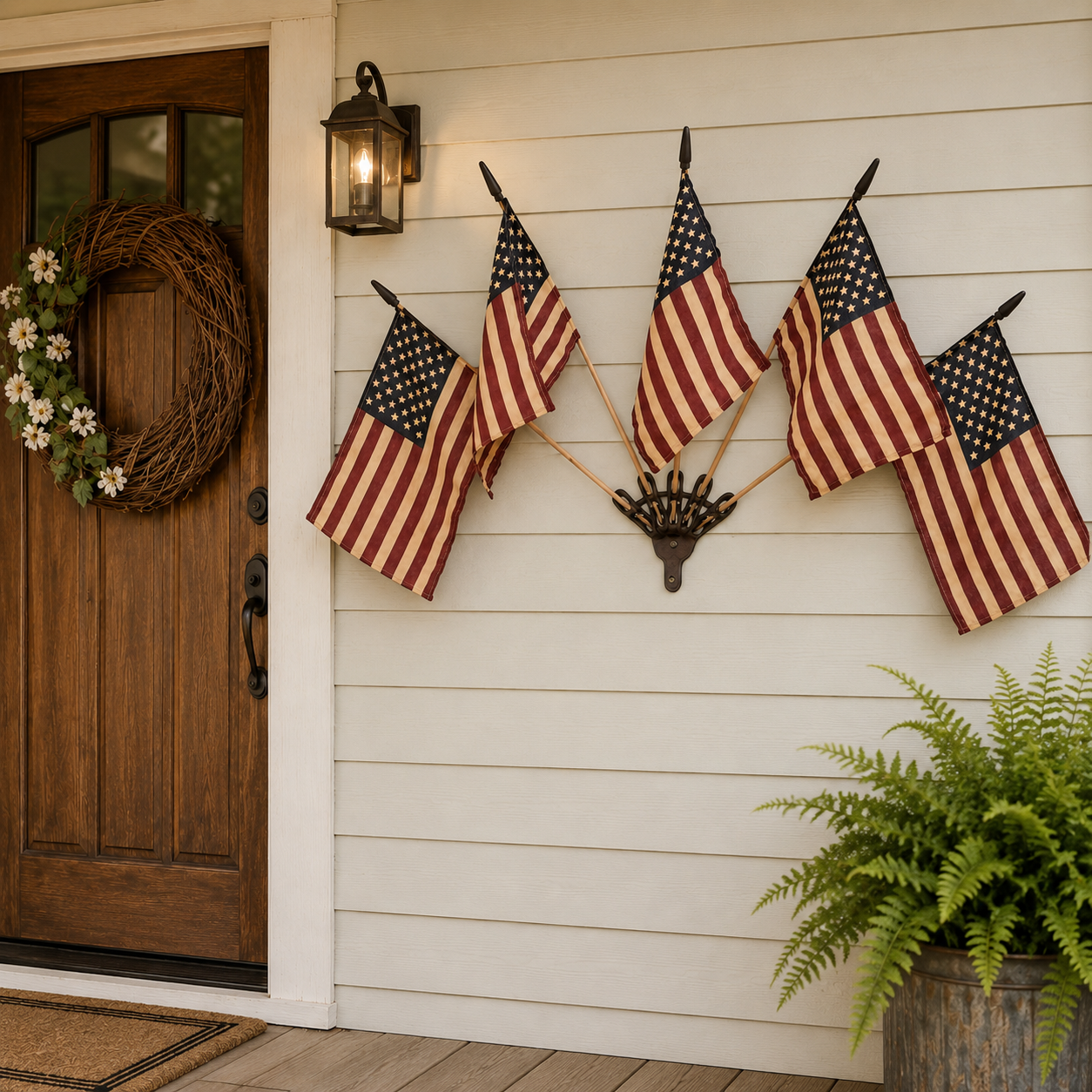 Vintage Tea-Stained American Flag Cast Iron Wall Holder | 5 Flags Rustic Farmhouse Wall Decor