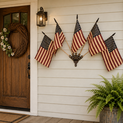 Vintage Tea-Stained American Flag Cast Iron Wall Holder | 5 Flags Rustic Farmhouse Wall Decor