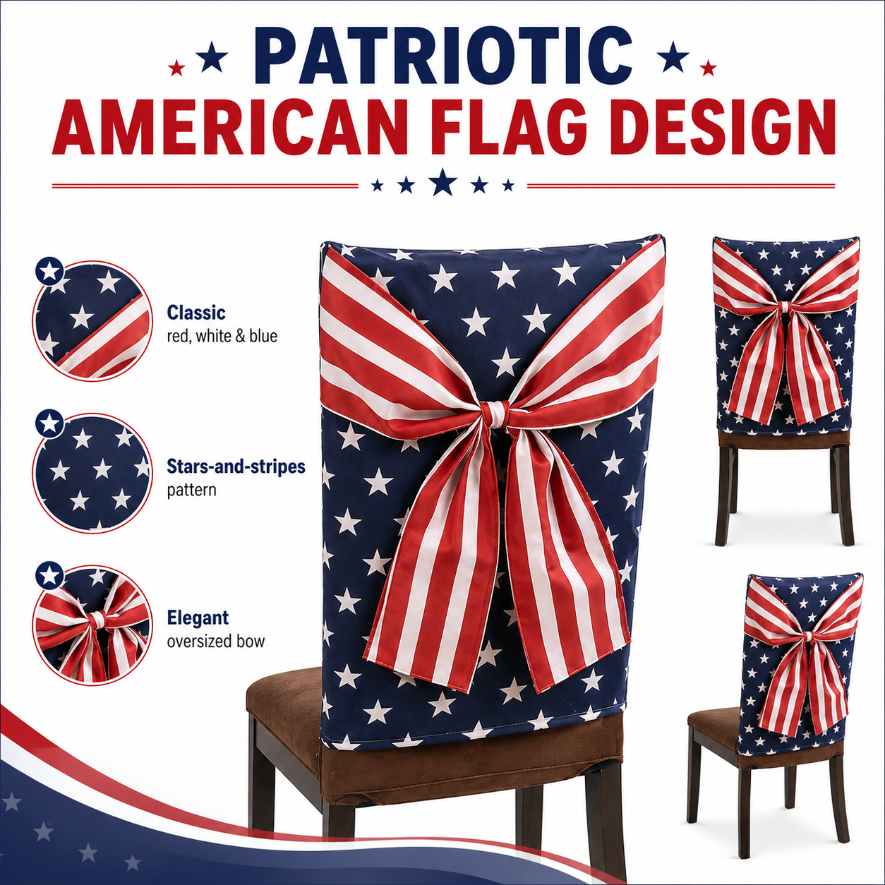 🎆 American Flag Chair Covers with Patriotic Bow for Independence Day Decor