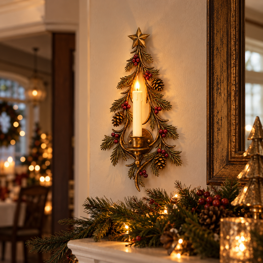 🕯️🎄 Christmas Candle Tree Wall Sconce – Rustic Evergreen Holiday Decor