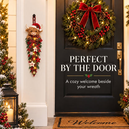 🎄 Lighted Highland Cow Christmas Door Swag(11.8in / 30cm) – A Cozy Holiday Welcome