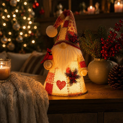🐦✨ Patchwork Bird Gnome LED Light – Farmhouse Tabletop Decor for Mantels, Shelves & Holiday Display