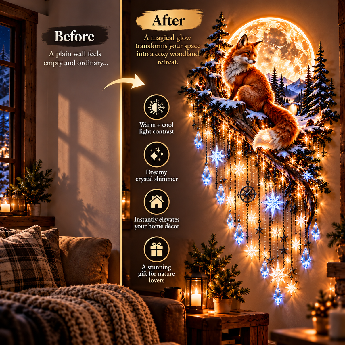 🦊🌕 Fox Moon Starfall Wall Light – Enchanted Woodland Glow with Crystal Cascading Lights