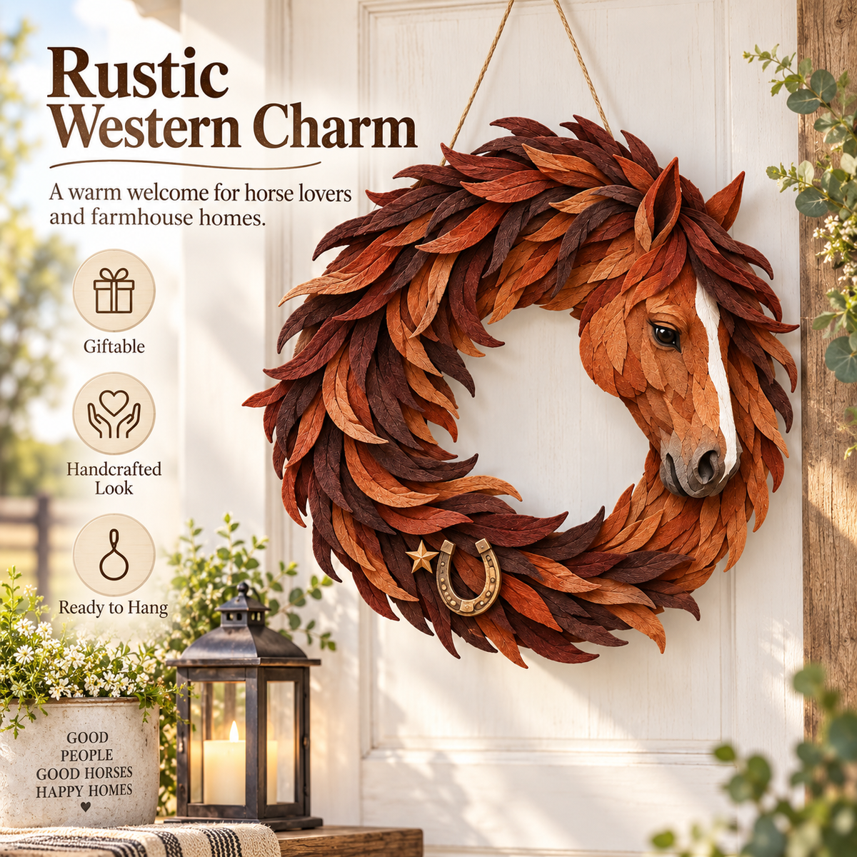 🐴🤎 Flowing Mane Horse Wreath – Rustic Western Equestrian Door Decor