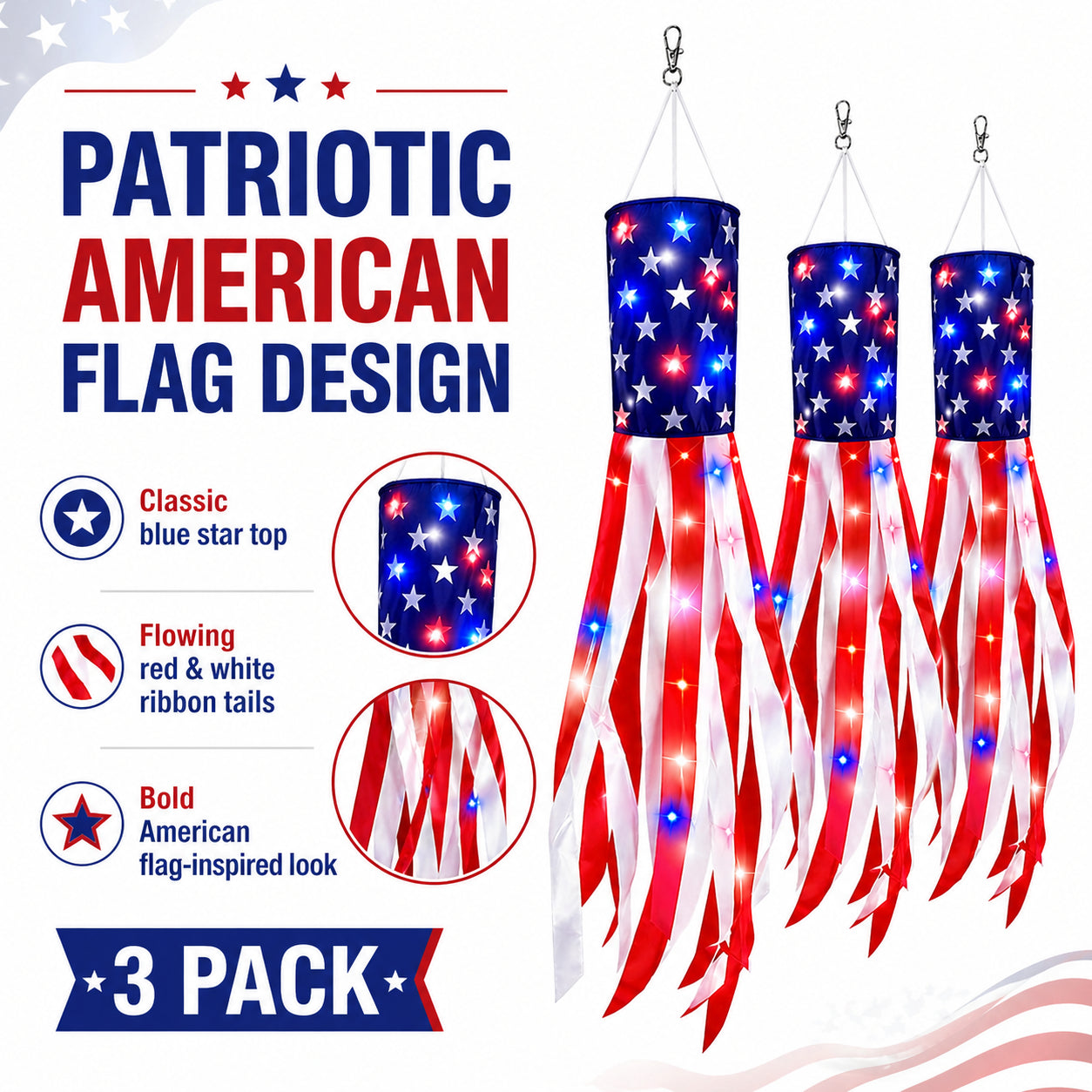 🔥2 Packs 50" Patriotic LED Windsocks American Flag Decor with Lights
