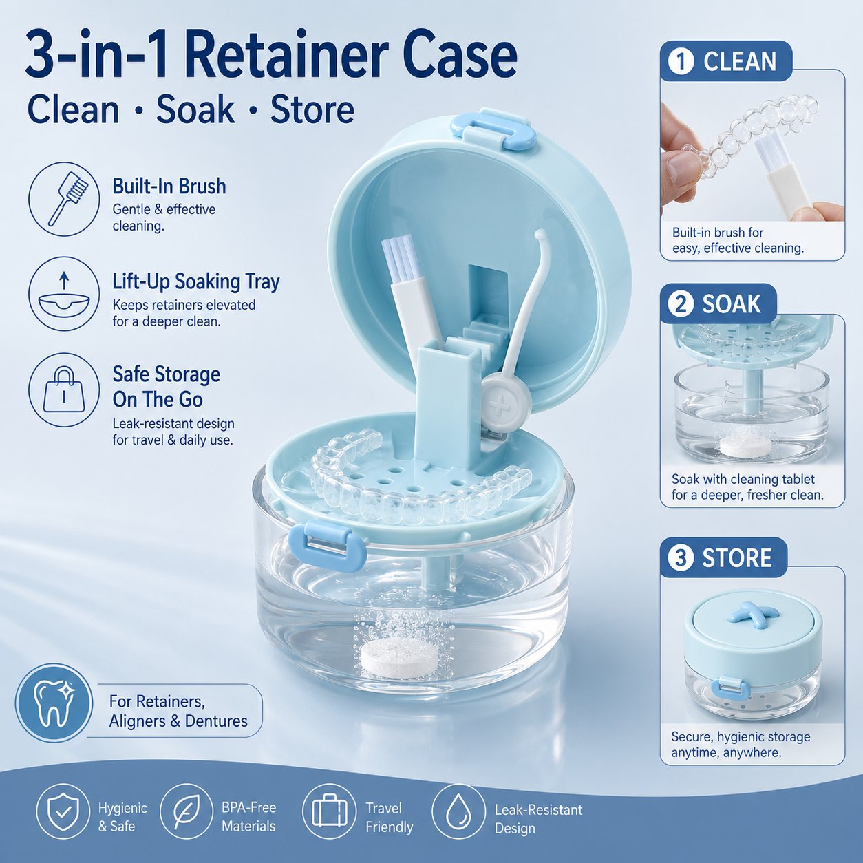 🦷✨3-in-1 Retainer & Denture Cleaning Case- Clean, Soak & Store Your Dental Appliances In One Compact Case