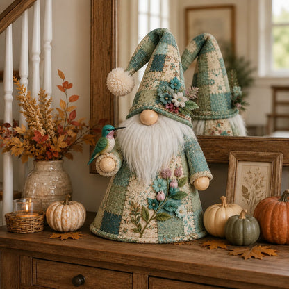 🐦✨ Patchwork Bird Gnome LED Light – Farmhouse Tabletop Decor for Mantels, Shelves & Holiday Display