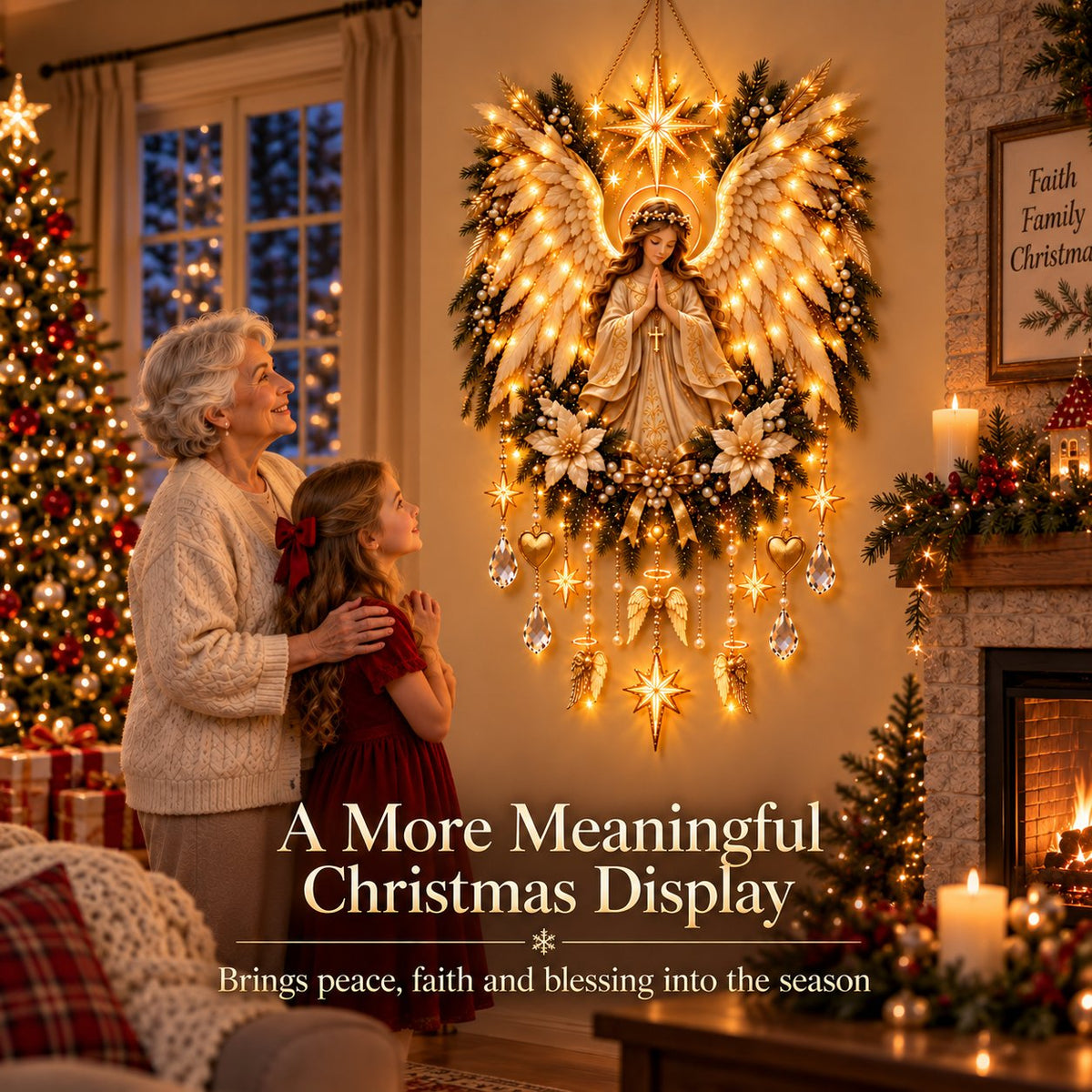 ✨👼 Illuminated Praying Angel Christmas Wreath – A Heavenly Holiday Welcome 🎄🙏