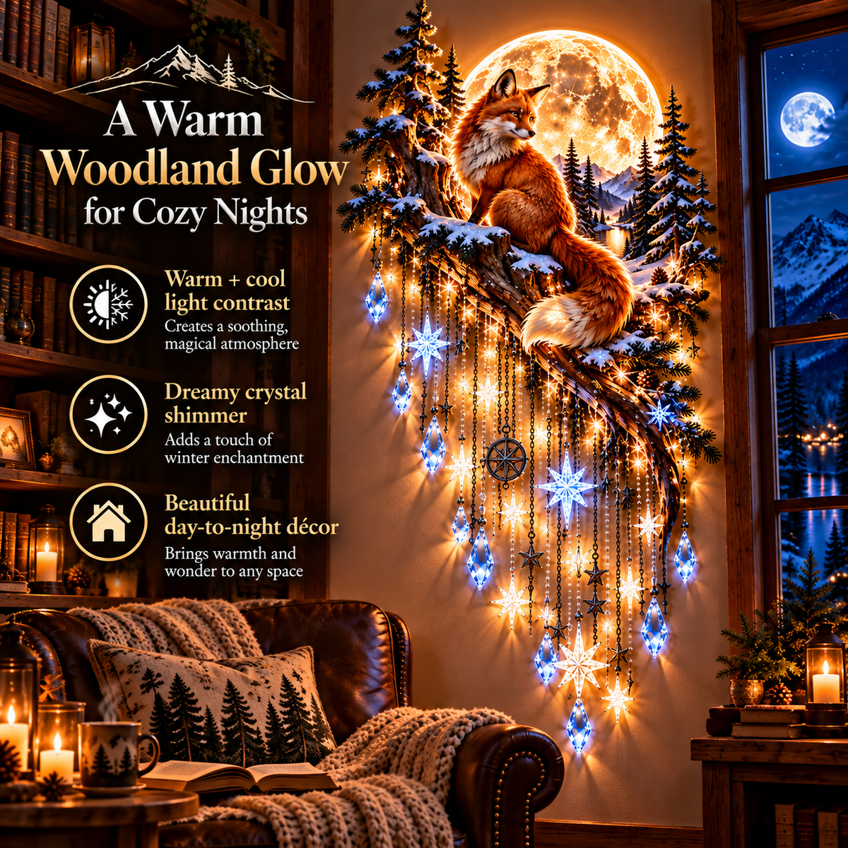 🦊🌕 Fox Moon Starfall Wall Light – Enchanted Woodland Glow with Crystal Cascading Lights