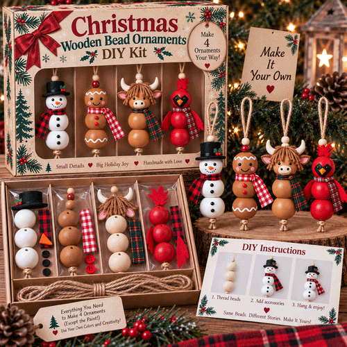 🎄 Create 4 Christmas Keepsakes – Wooden Bead Ornament Kit ✨