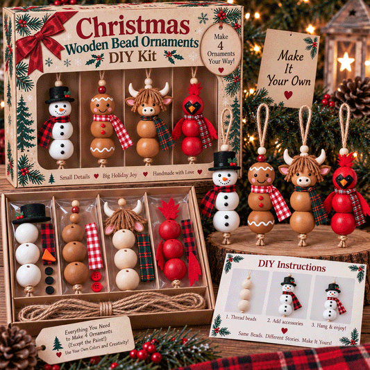 🎄 Create 4 Christmas Keepsakes – Wooden Bead Ornament Kit ✨