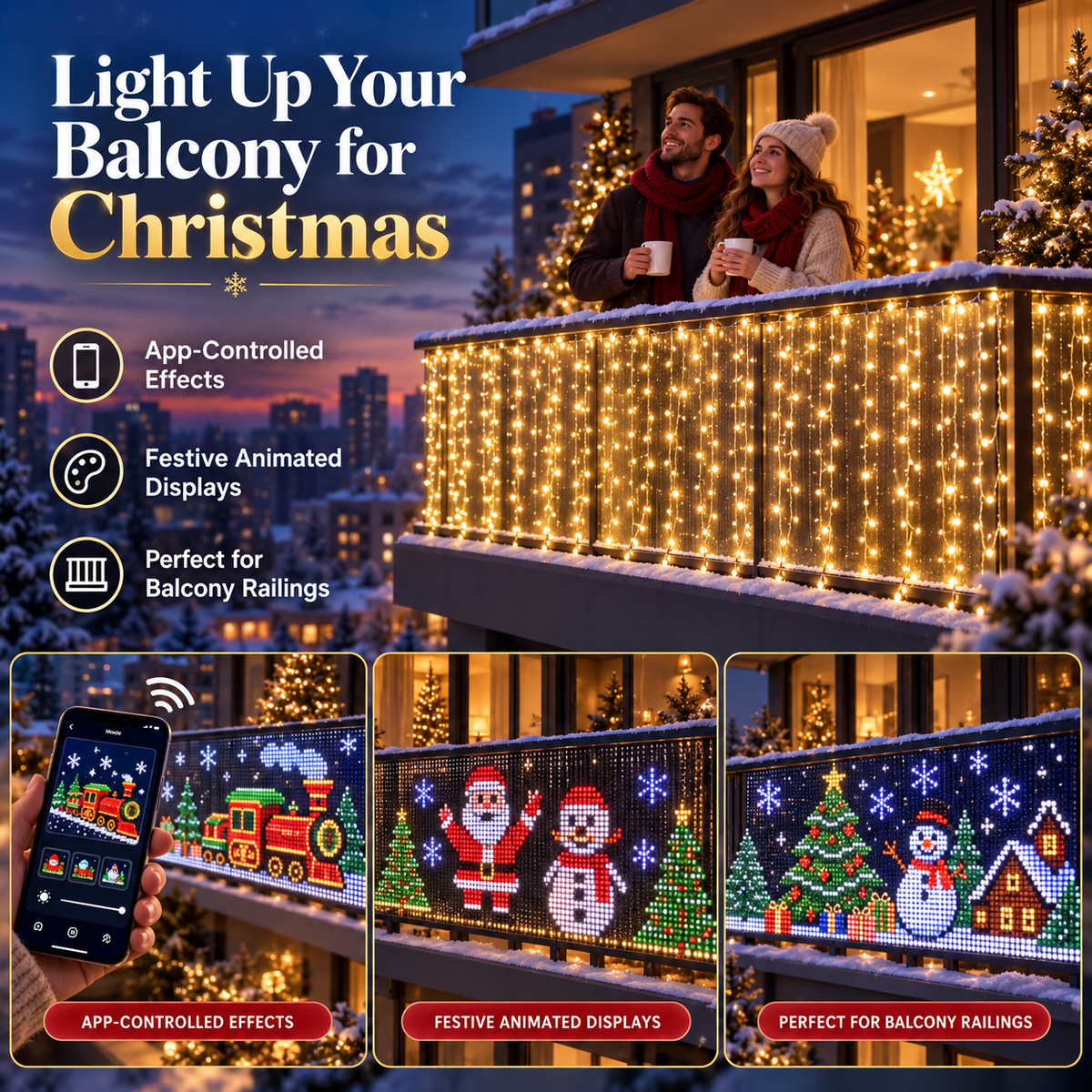 🎄 PixelGlow Curtain™ | App-Controlled RGB Christmas Lights – 2m × 2m ✨