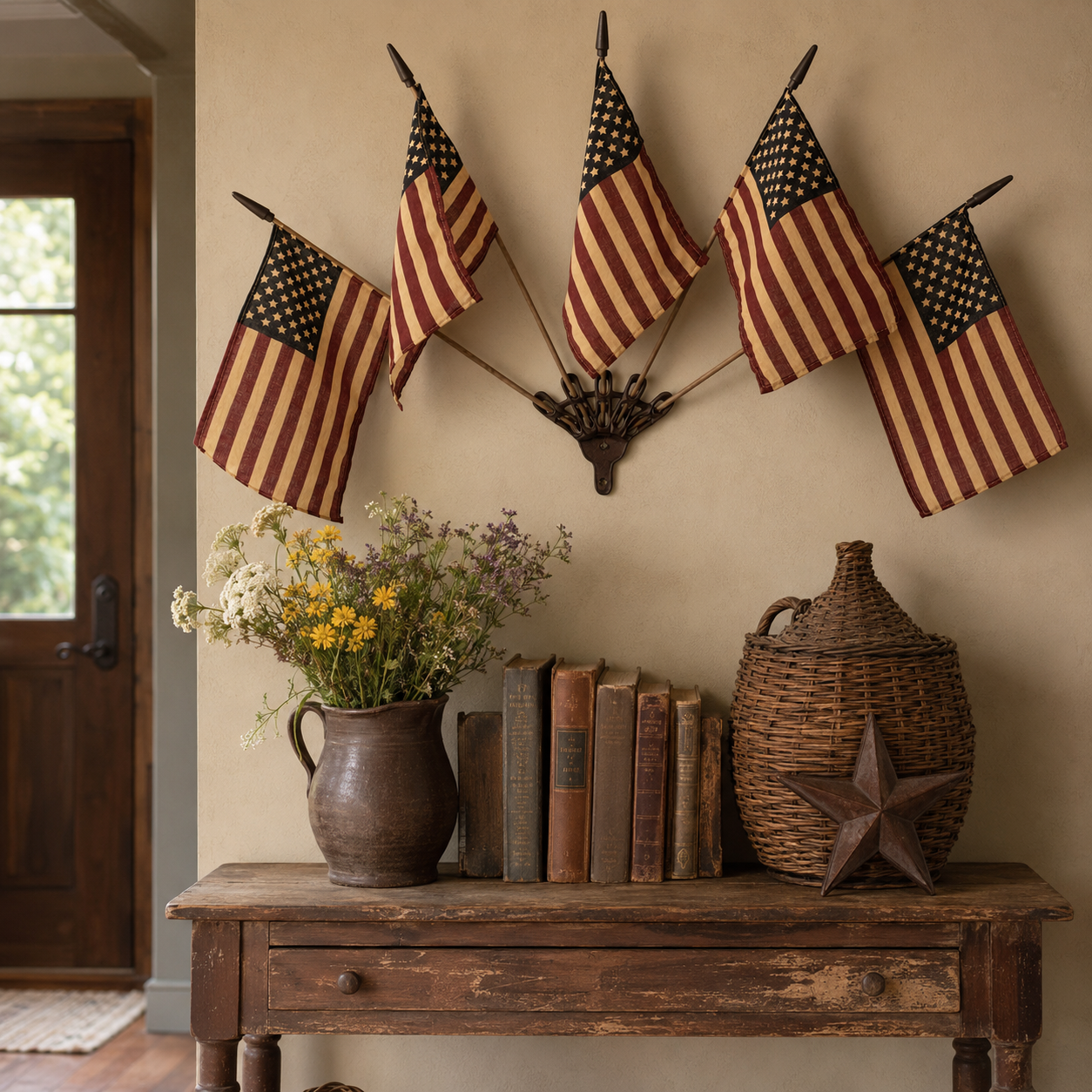 Vintage Tea-Stained American Flag Cast Iron Wall Holder | 5 Flags Rustic Farmhouse Wall Decor