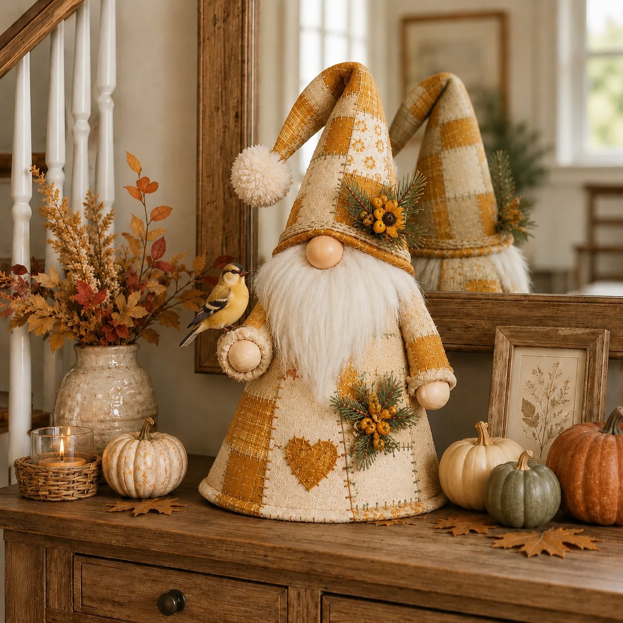 🐦✨ Patchwork Bird Gnome LED Light – Farmhouse Tabletop Decor for Mantels, Shelves & Holiday Display