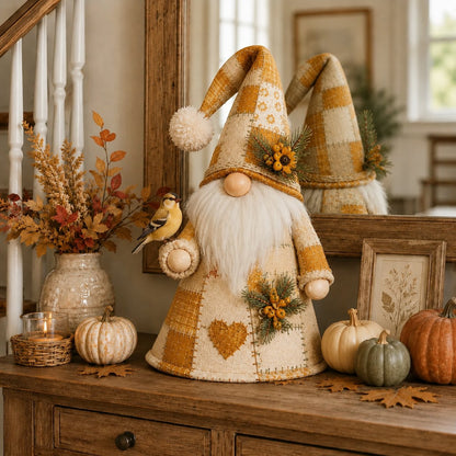 🐦✨ Patchwork Bird Gnome LED Light – Farmhouse Tabletop Decor for Mantels, Shelves & Holiday Display