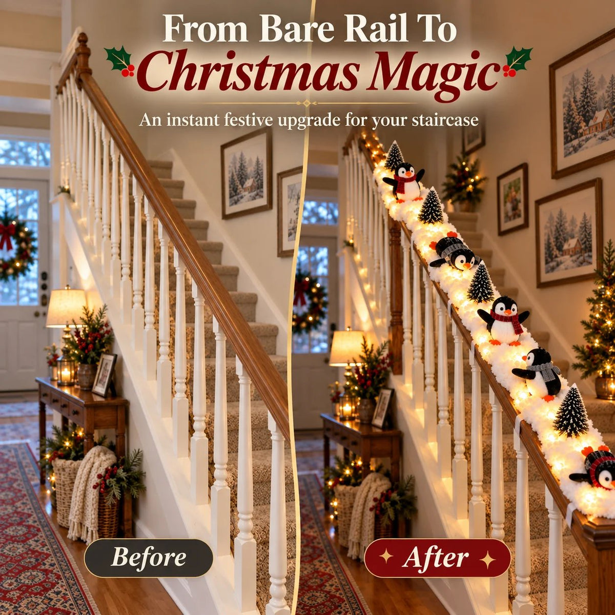 🐧 Playful Penguin Christmas Stair Railing Decor | ❄️ Fluffy Snow Texture & ✨ Warm LED Glow Light