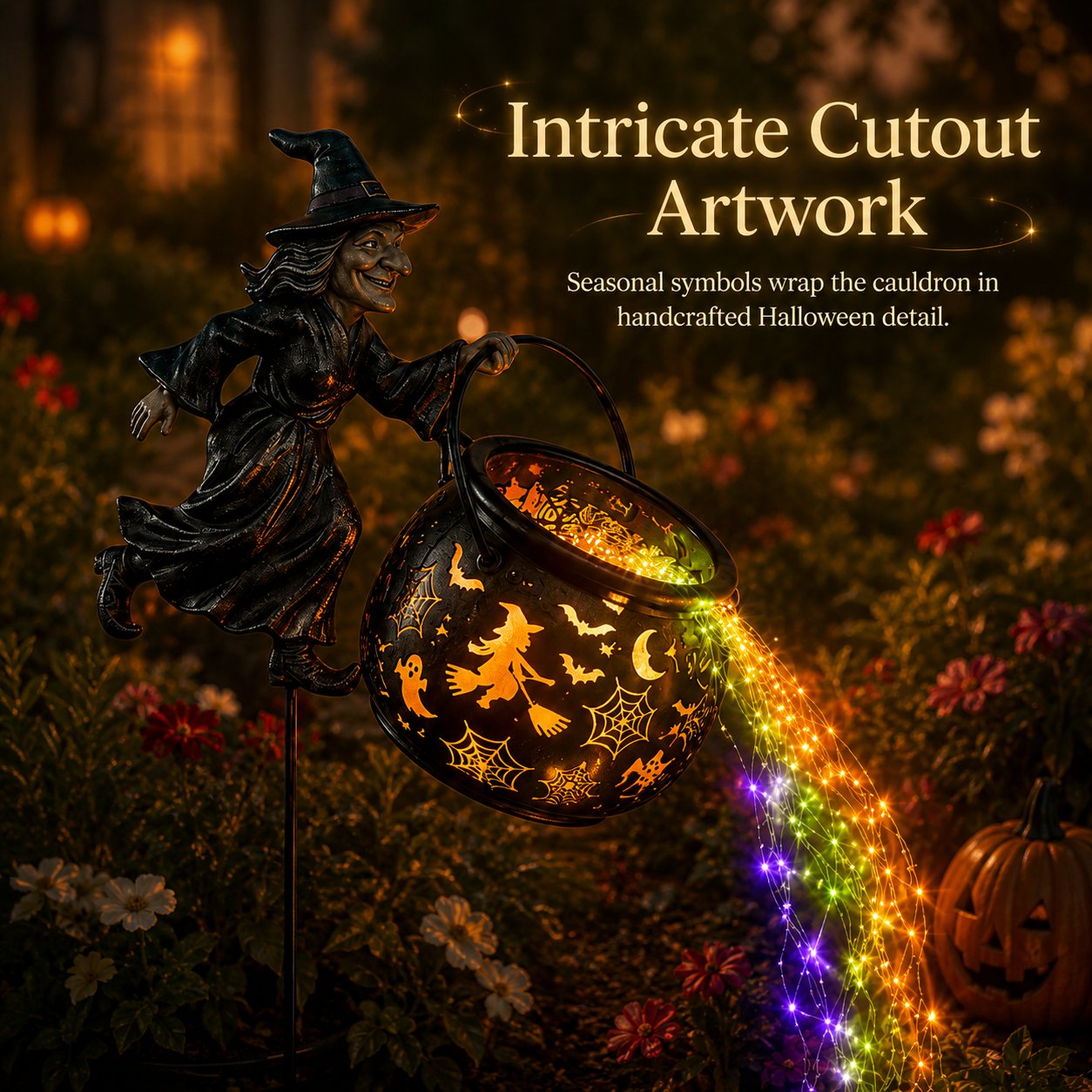 🧙🎃 Halloween Flying Witch Cauldron Garden Stake Light