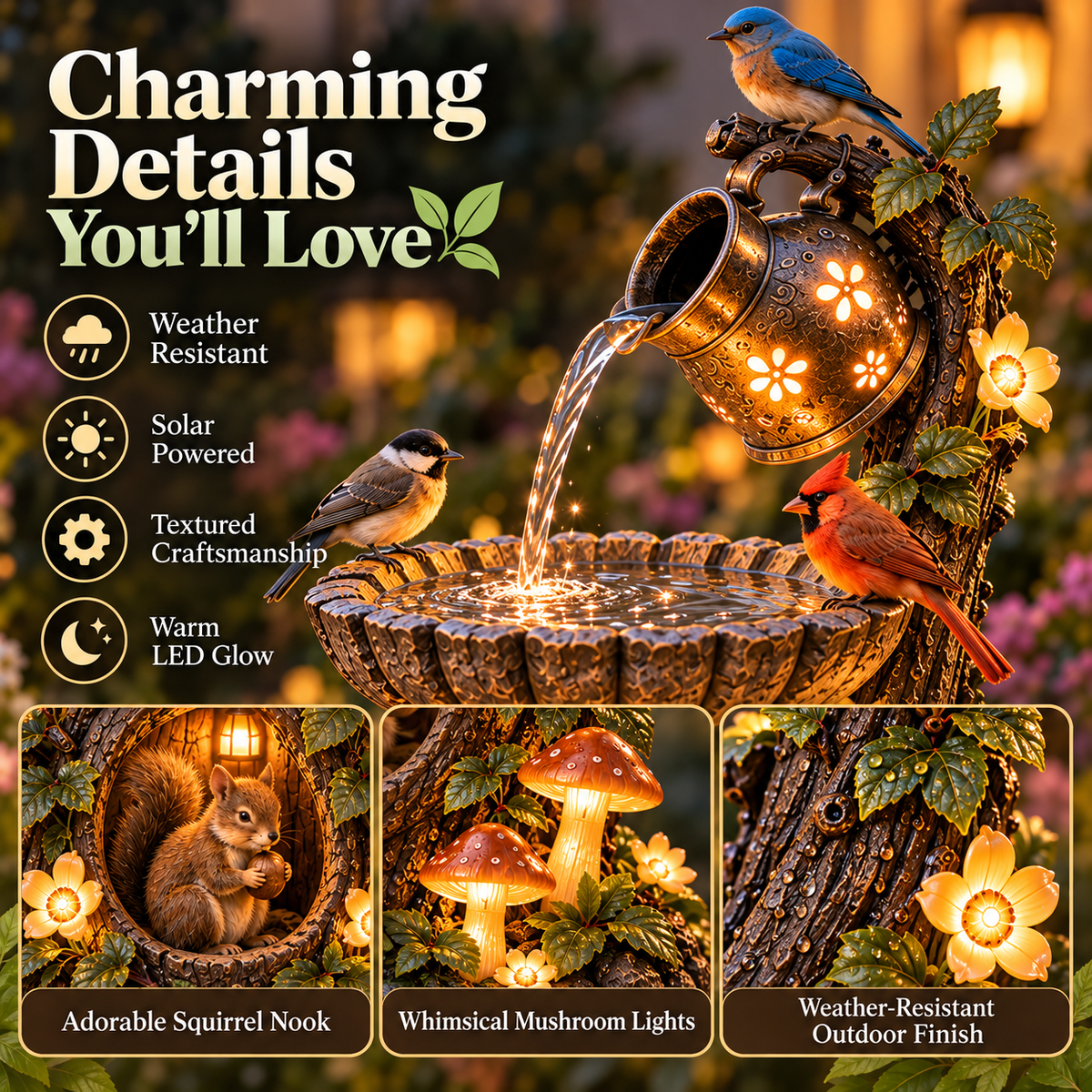 🐦🐿️✨Solar  Woodland Friends Lighted Fountain – Enchanted Garden Decor