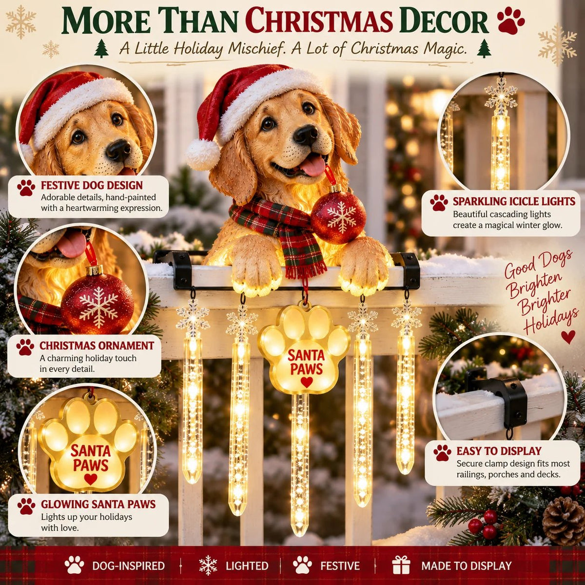 🐾 Santa Paws Christmas Porch Glow – Lighted Dog Railing Decor 🎄✨