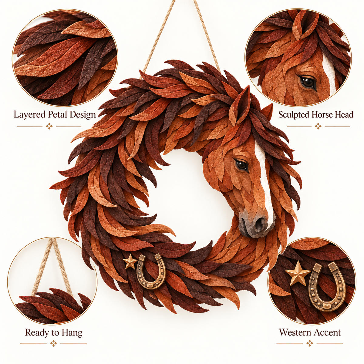 🐴🤎 Flowing Mane Horse Wreath – Rustic Western Equestrian Door Decor
