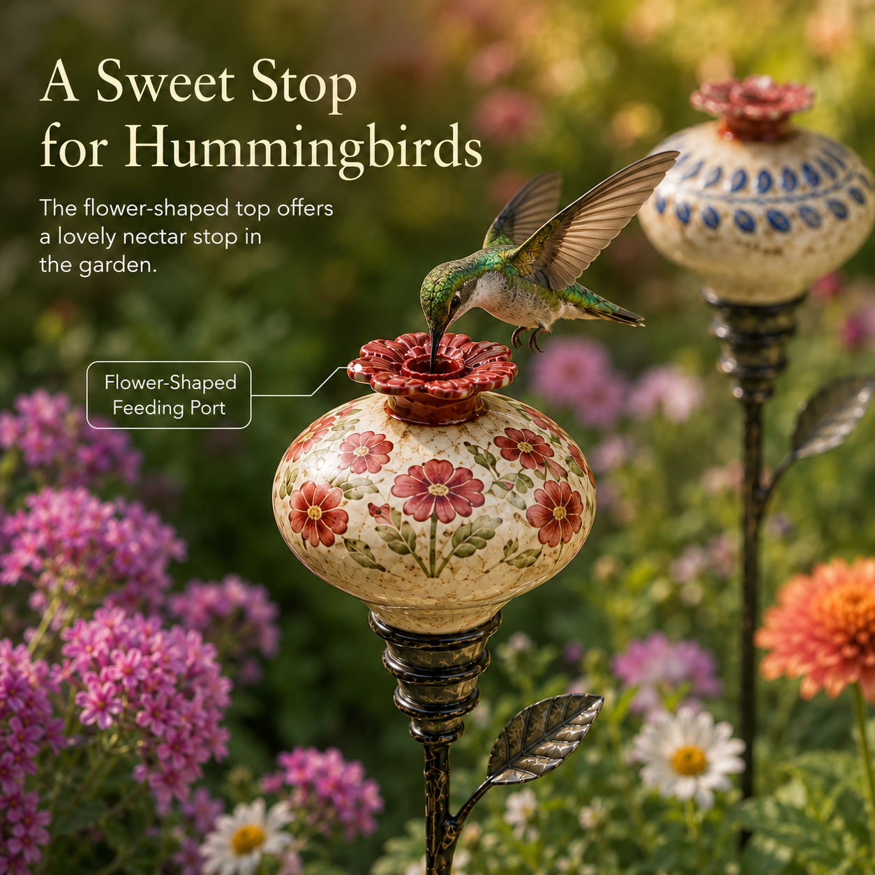 🌺Vintage Ceramic Hummingbird Feeder – Decorative Flower Garden Stake