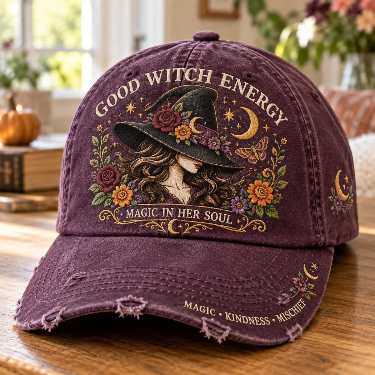 🔥 LAST DAY 50% OFF – 🔮 Good Witch Energy Embroidered Floral Cap | 100% Cotton