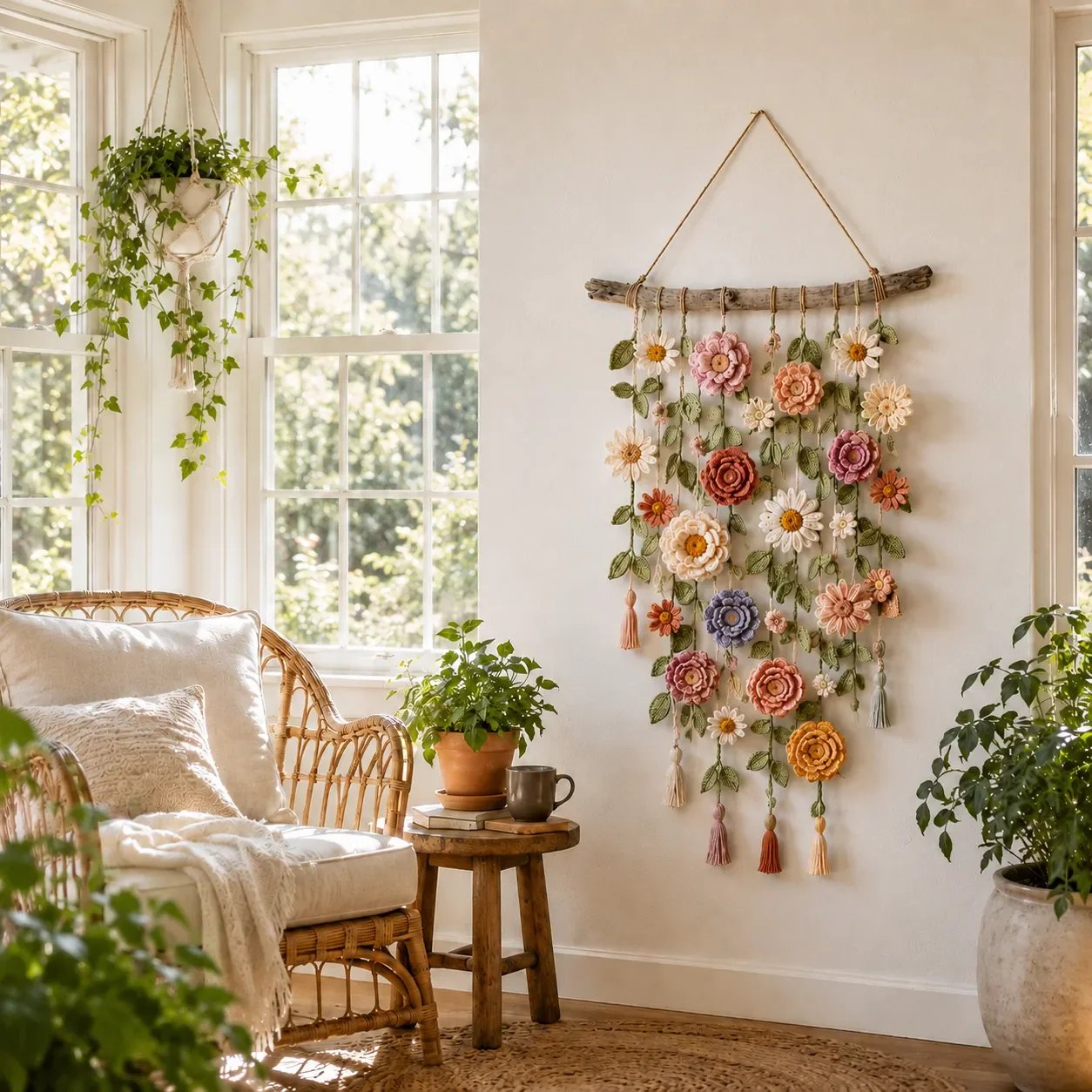 🌼🌿 Boho Crochet Floral Wall Hanging for Cozy Home Decor