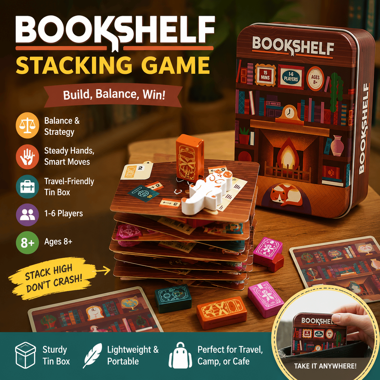 📚🎲Bookshelf Balance Stacking Game in Travel Tin