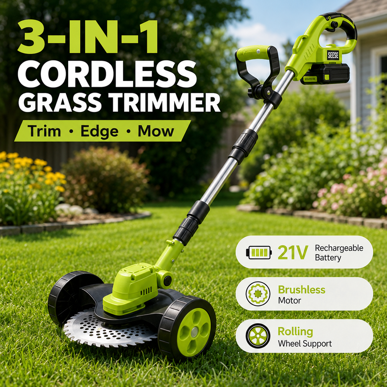 ⚡ 3-in-1 Cordless Grass Trimmer with 2×21V Batteries | Trim, Edge & Brush Cut with Ease