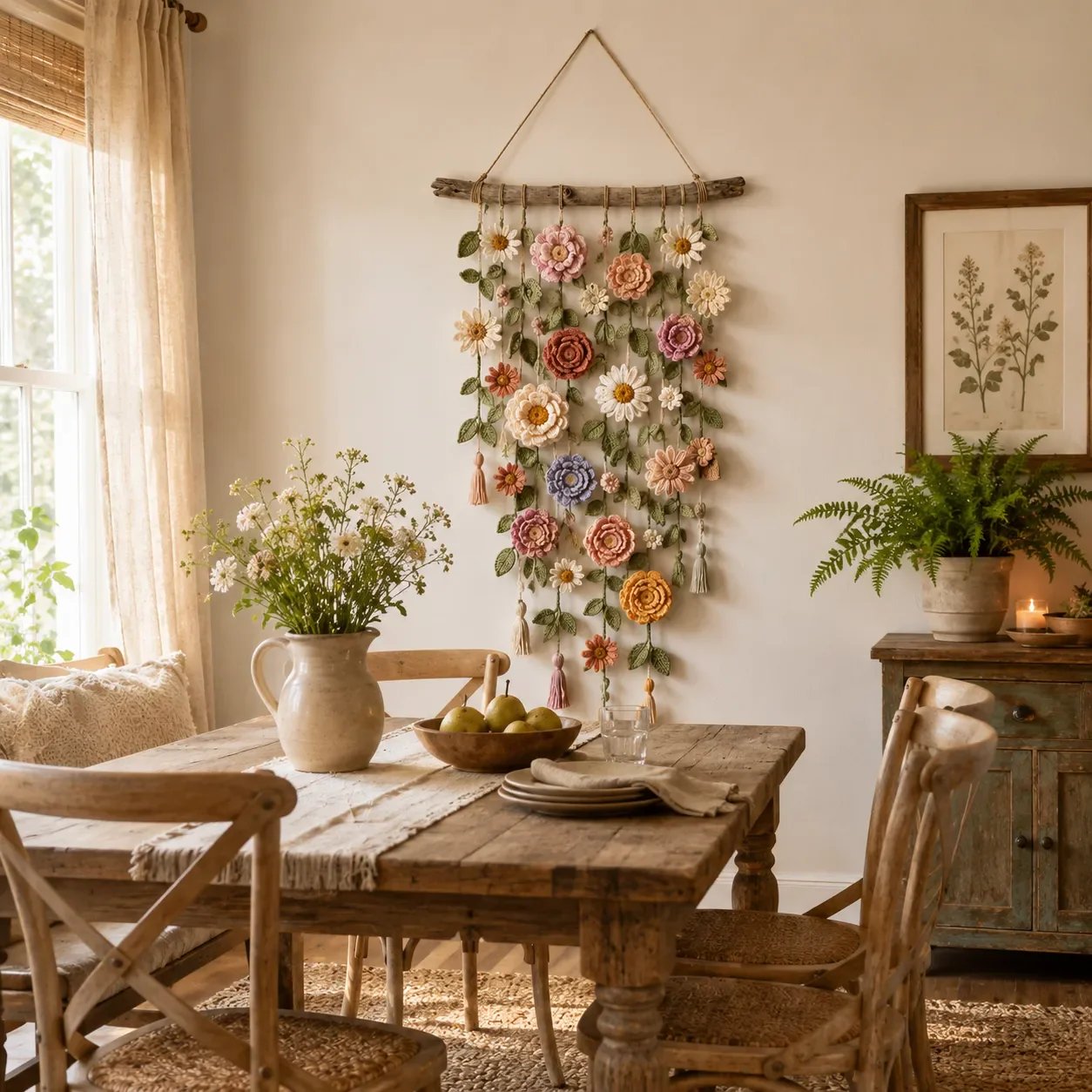 🌼🌿 Boho Crochet Floral Wall Hanging for Cozy Home Decor