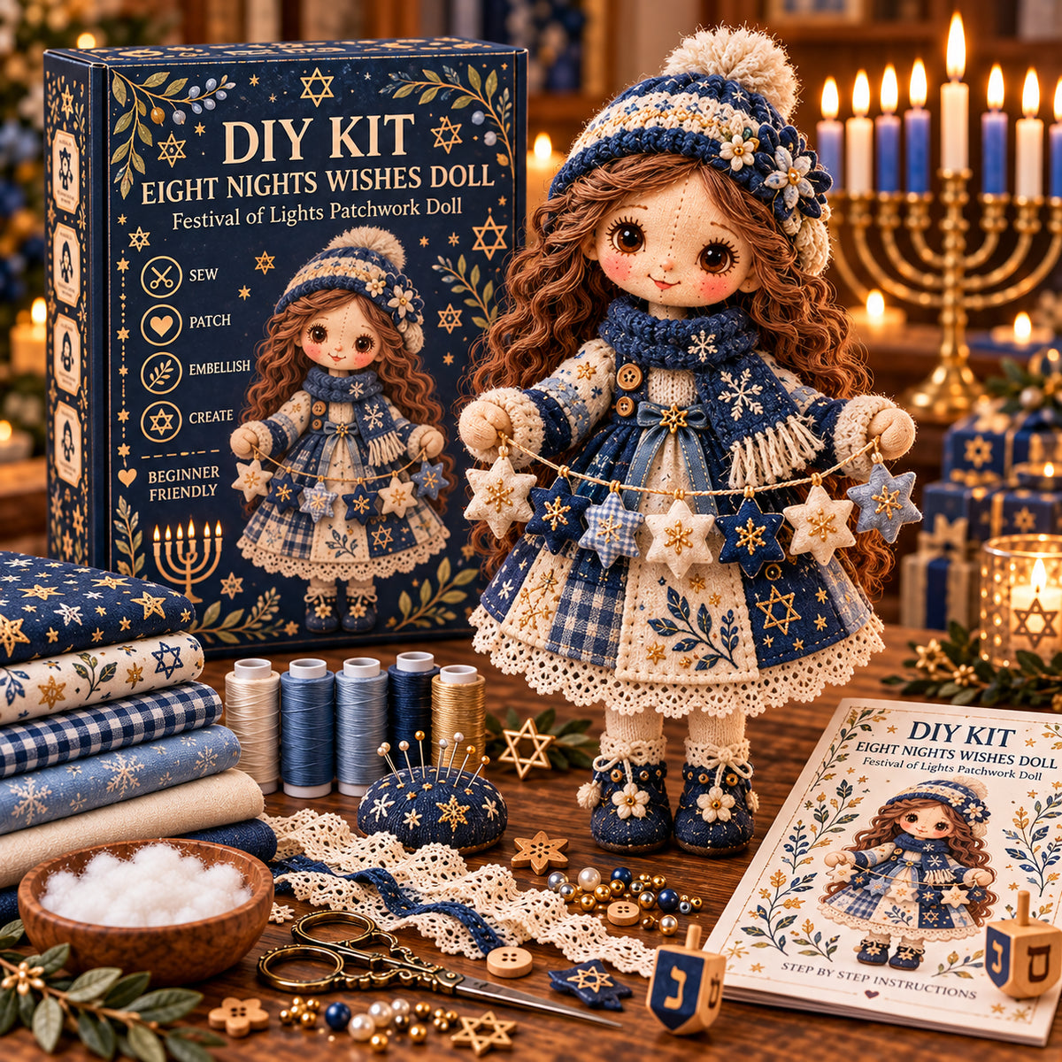 🕎🧵 Hanukkah DIY Patchwork Doll Kit – Handmade Festival of Lights Keepsake