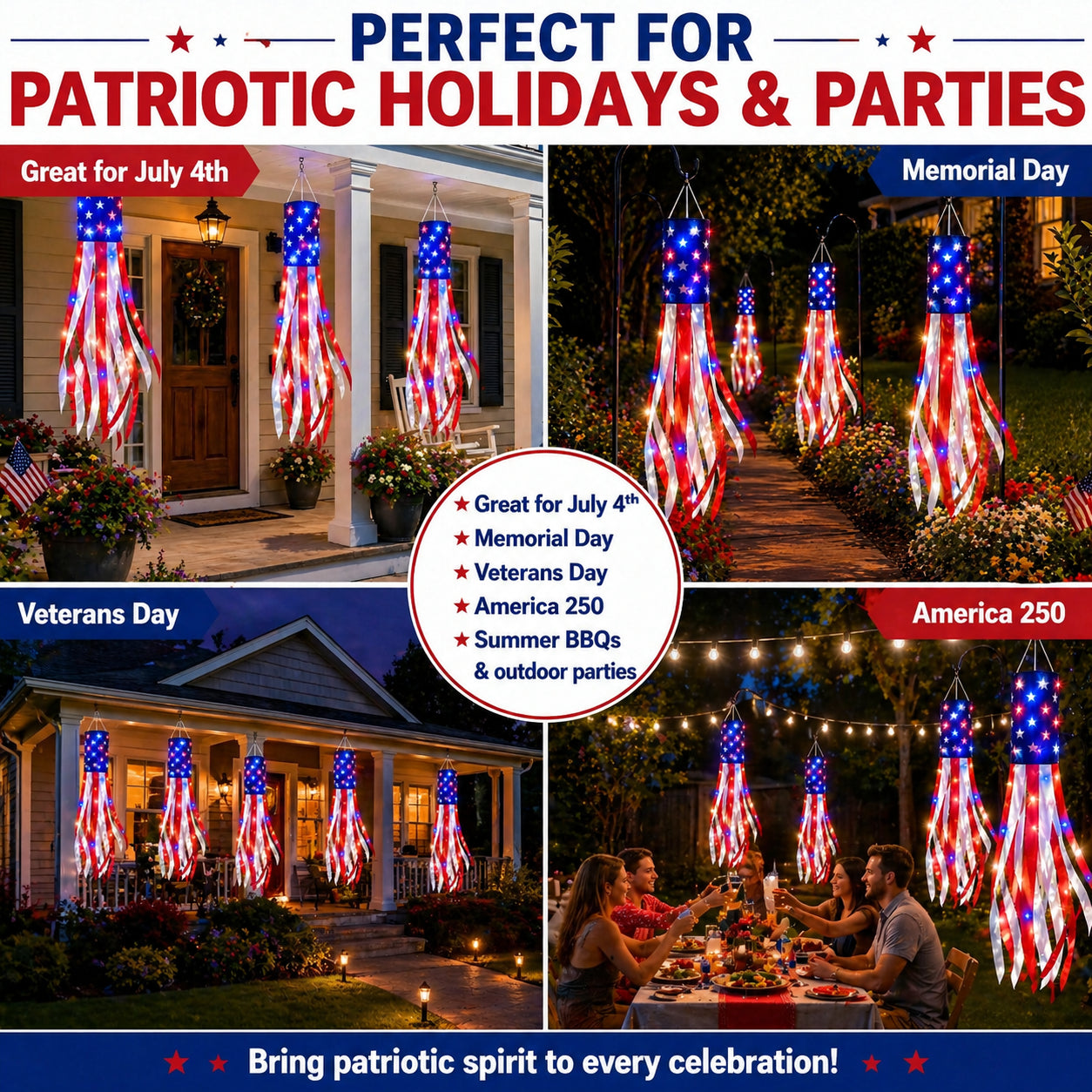 🔥2 Packs 50" Patriotic LED Windsocks American Flag Decor with Lights