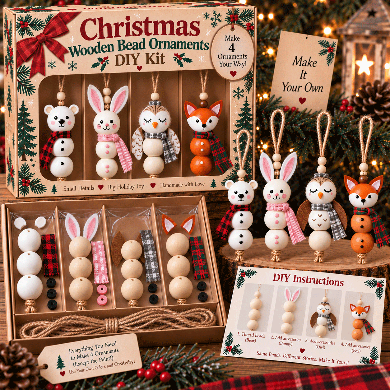 🎄 Create 4 Christmas Keepsakes – Wooden Bead Ornament Kit ✨