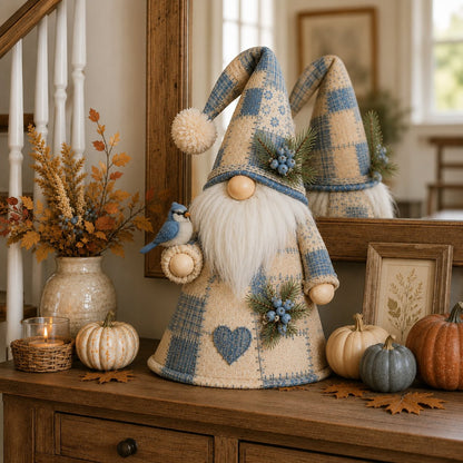 🐦✨ Patchwork Bird Gnome LED Light – Farmhouse Tabletop Decor for Mantels, Shelves & Holiday Display