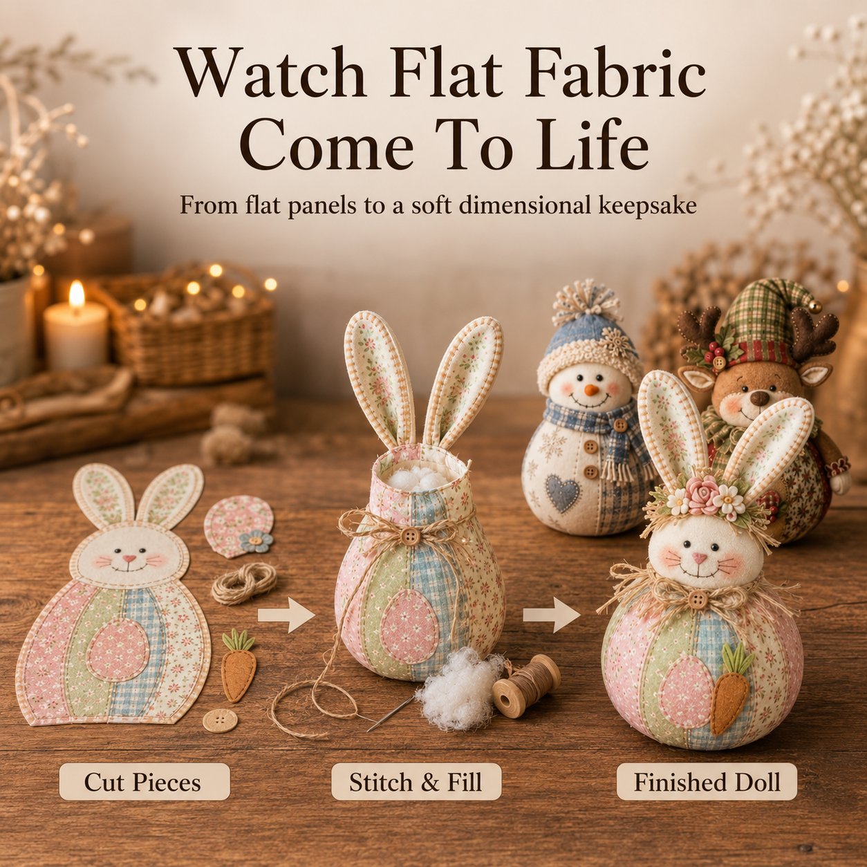 DIY Patchwork Christmas Character Doll Kit – Handmade Holiday Fabric Craft Decoration