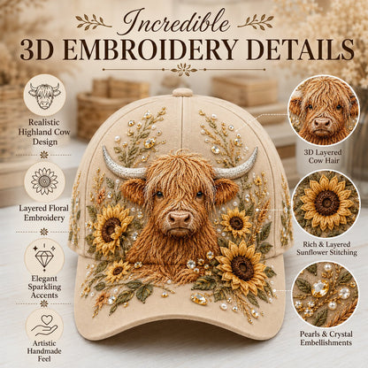 🦬3D Embroidered Highland Cow Baseball Cap – Lightweight, Breathable & Unisex