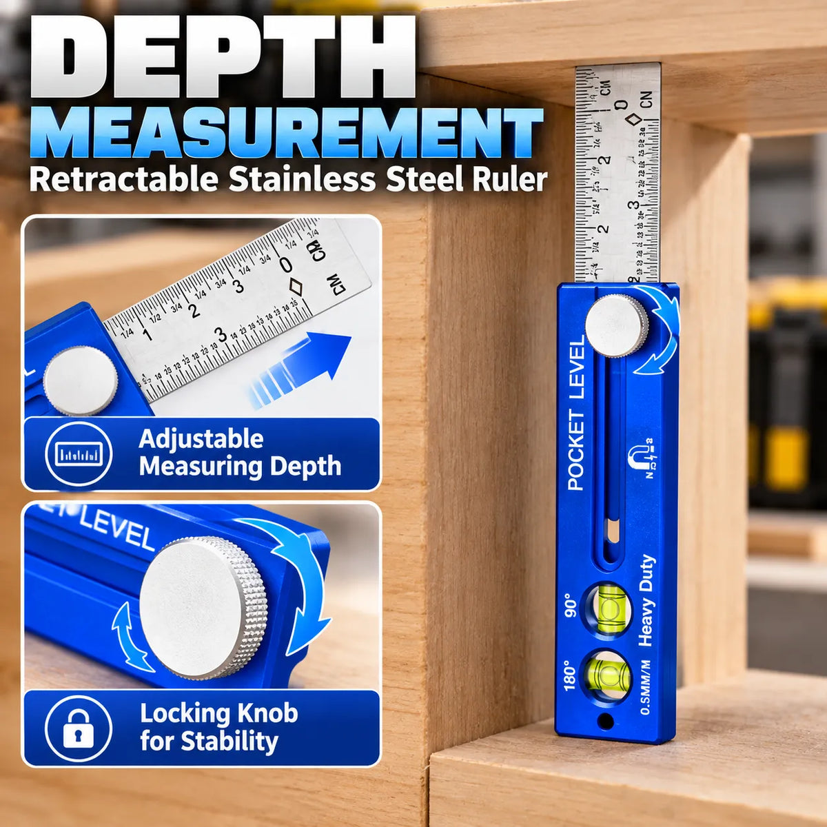 📏 4-in-1 Multifunction Pocket Level & Depth Gauge – Measure, Level, Mark & Position