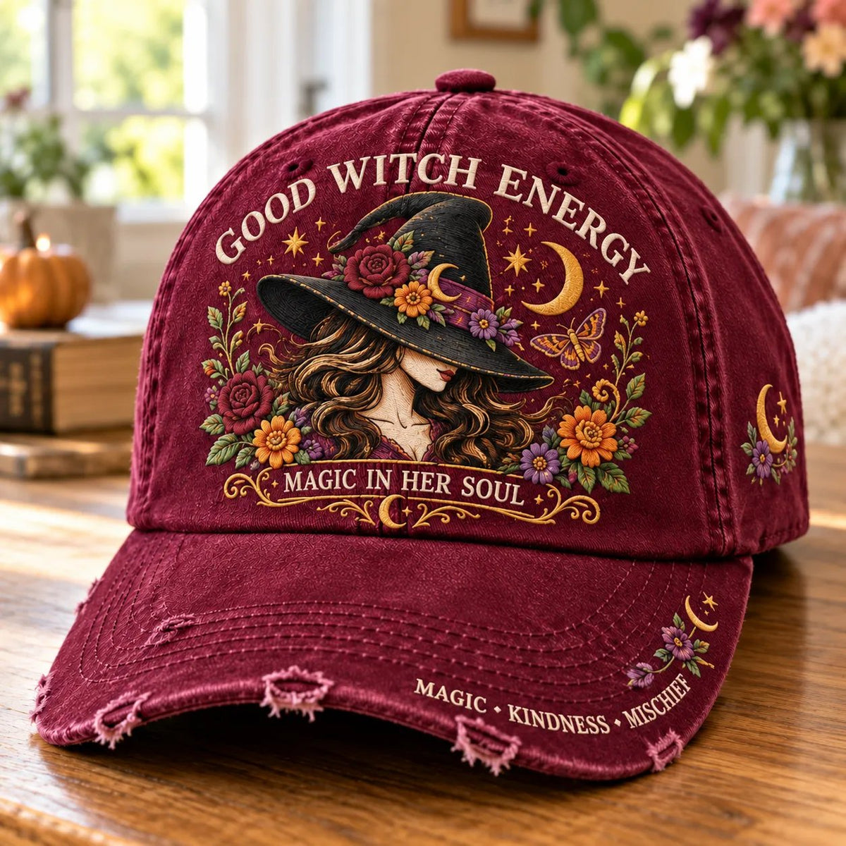 🔥 LAST DAY 50% OFF – 🔮 Good Witch Energy Embroidered Floral Cap | 100% Cotton