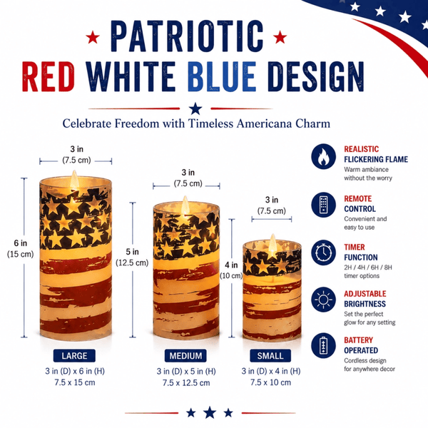 Patriotic LED Flameless Candles 3 Pack with Remote Timer 4th of July
