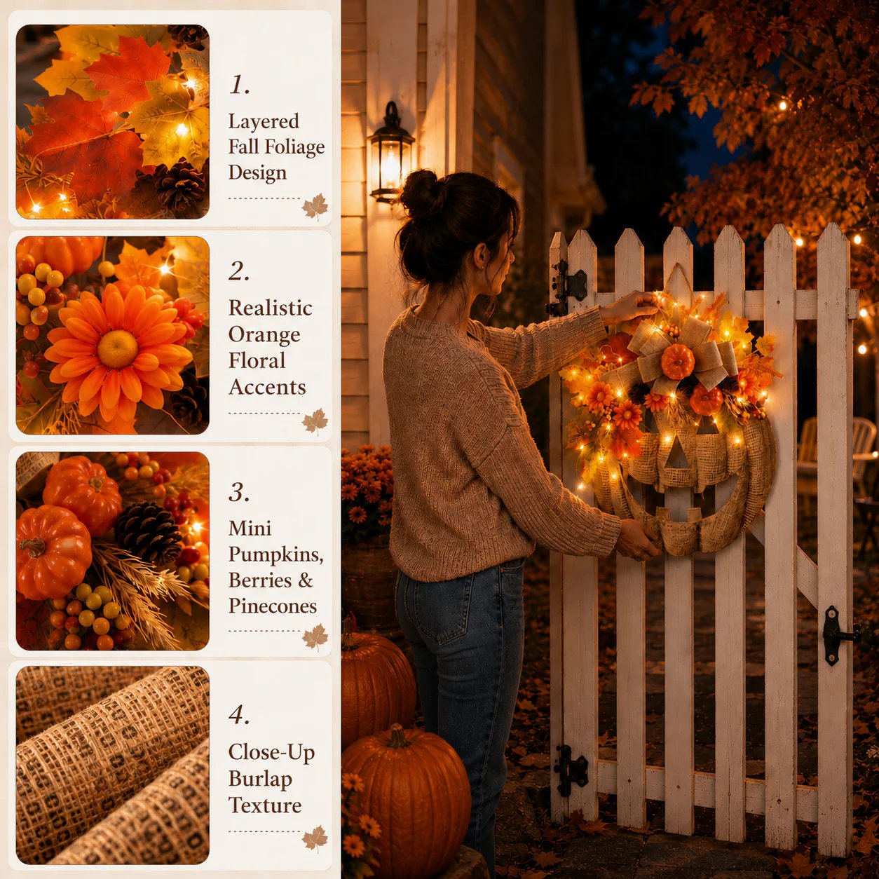 🔥LAST DAY 49% OFF🎃✨Rustic Lighted Burlap Pumpkin Wreath