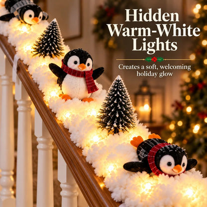 🐧 Playful Penguin Christmas Stair Railing Decor | ❄️ Fluffy Snow Texture & ✨ Warm LED Glow Light