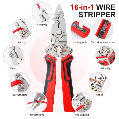 ❤️16 in 1 Wire Stripper Twister for Cutting and Pulling Wires,Cable Scissors,Voltage Tester Pliers, 12V to 250V Live,Null,Hot Wire Judgment AC DC, Audible and Flashing LED Alarms