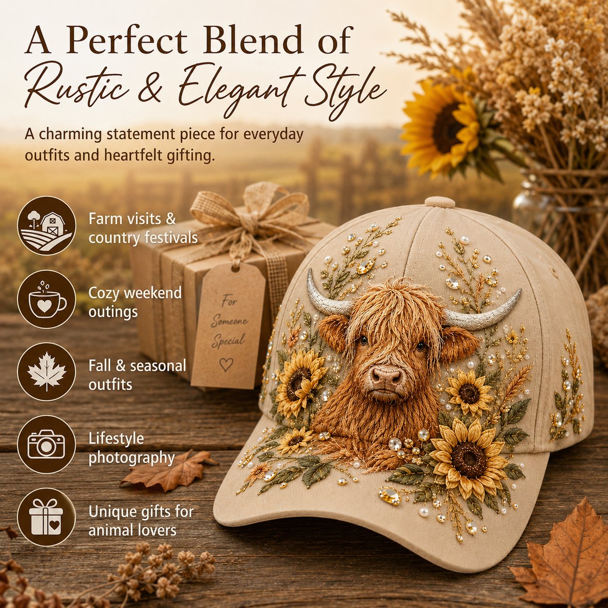 🦬3D Embroidered Highland Cow Baseball Cap – Lightweight, Breathable & Unisex